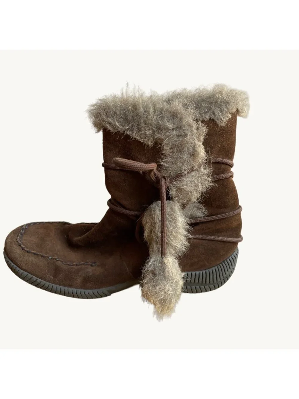 Rieker size 39EU (8US) Brown Fur Trimmed Pom-Pom Lace Lined Ankle Boots